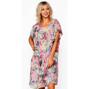 GIGIO M 8 10 Tropical Garden Pastel Pink Drop Waist Flowy Dress Side Pockets NWT